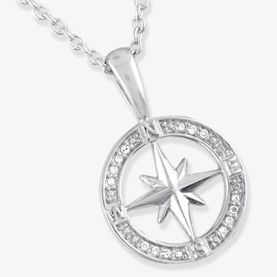 Compass Necklace with Diamonds Sterling Silver