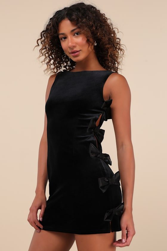 Image of Posh Black Velvet Bow Mini Dress