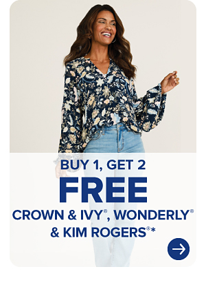 A woman in a floral top and blue jeans. Buy one, get two free Crown and Ivy, Wonderly and Kim Rogers.