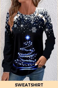 ROTITA Button Christmas Tree Print Black Round Neck Sweatshirt