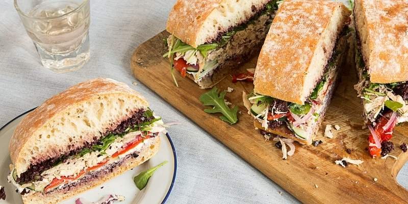 Roast Chicken Pan Bagnat with Olive Tapenade and Goat Cheese