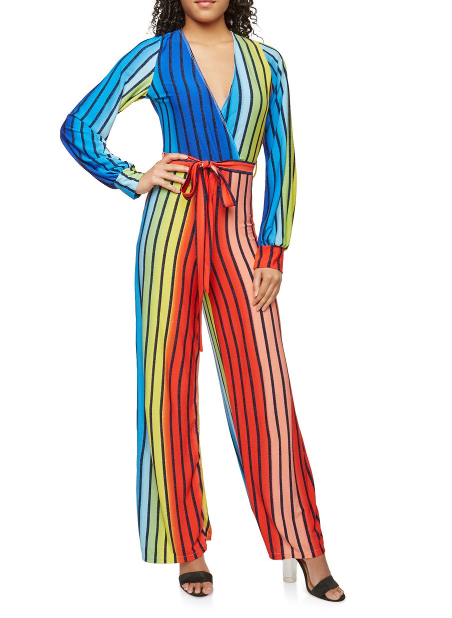 Faux Wrap Striped Rainbow Jumpsuit