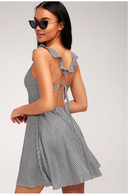 Alviso Black and White Gingham Backless Skater Dress