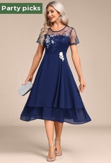 ROTITA Embroidery Navy Round Neck Short Sleeve Dress