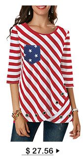 Three Quarter Sleeve Flag Print Red T Shirt