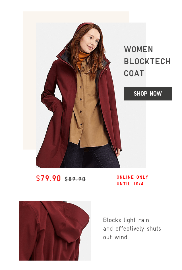 WOMEN BLOCKTECH COAT $79.90 - SHOP NOW