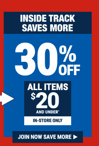 Inside Track Saves More - 30% off All Items $20 and Under