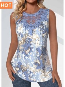 ROTITA Tuck Stitch Paisley Print Dusty Blue Sleeveless Tank Top