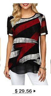 Printed Short Sleeve Curved Hem Lace T Shirt