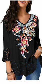 Retro Flower Print V Neck Lace Panel Blouse