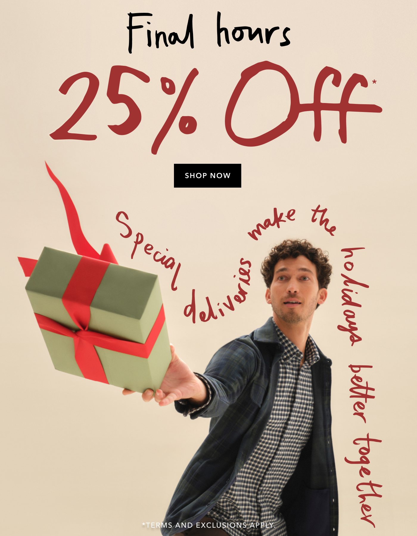 Final Hours- 25% off - shop now - terms and exclusions apply