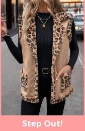 Light Coffee Patchwork Leopard Sleeveless Turn Down Collar Waistcoat