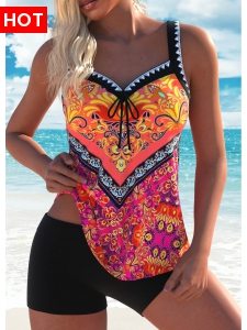 ROTITA Bowknot Multi Color Tribal Print Tankini Top