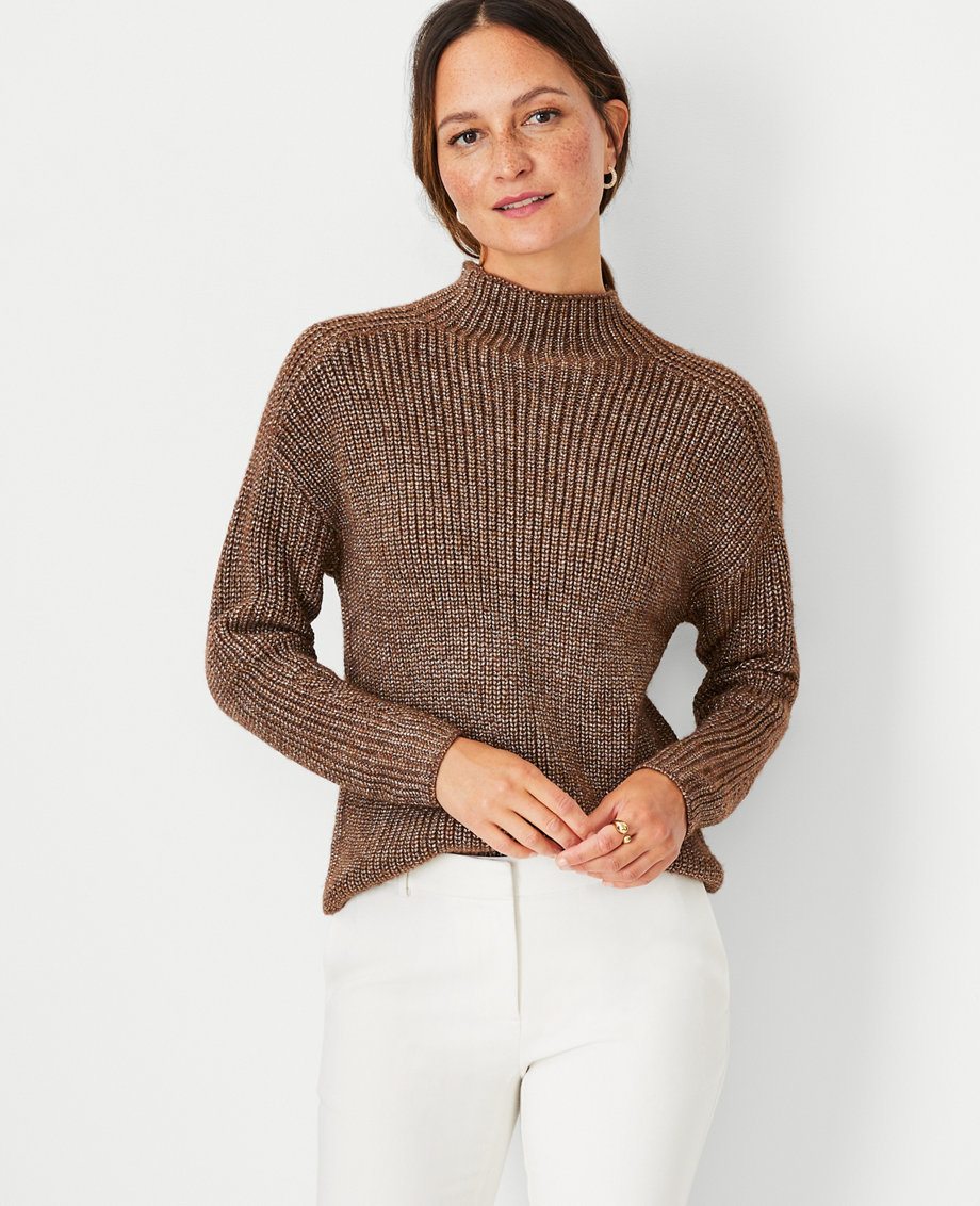 Petite Shimmer Ribbed Mock Neck Sweater