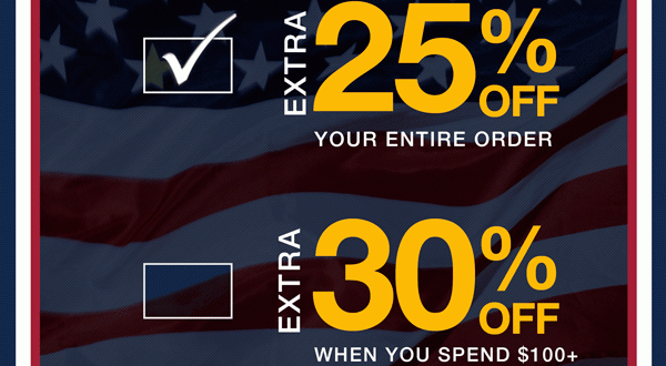 Extra 25% off your entire order or extra 30% off when you spend $100 or more