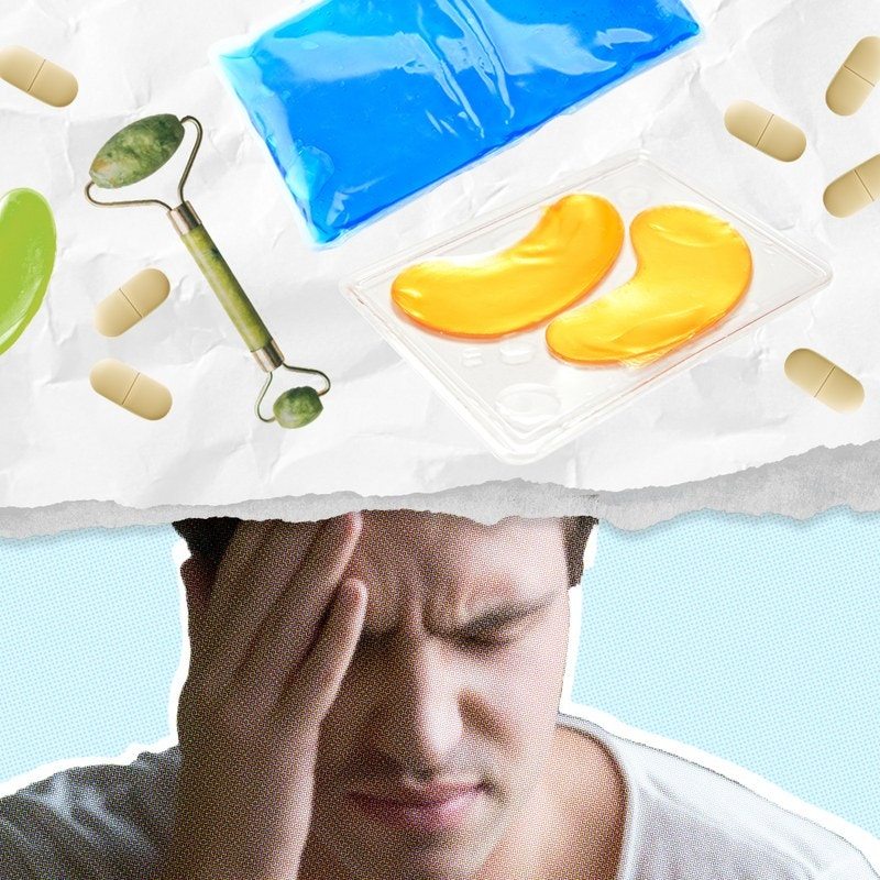 Facial Products on top and a man with a hangover below