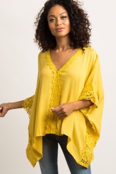 Yellow Solid Crochet Accent Poncho Top
