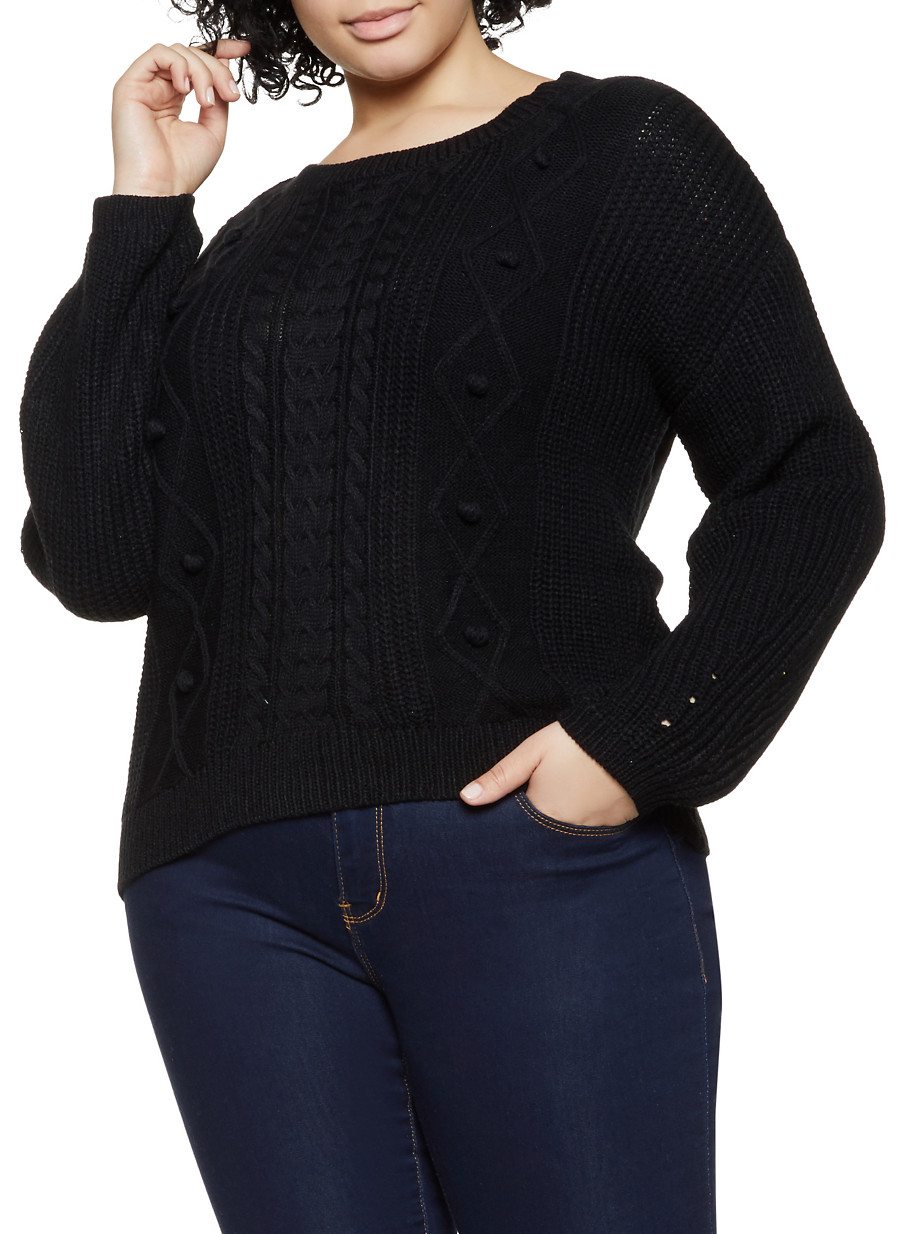 Plus Size Cable Knit Pom Pom Sweater