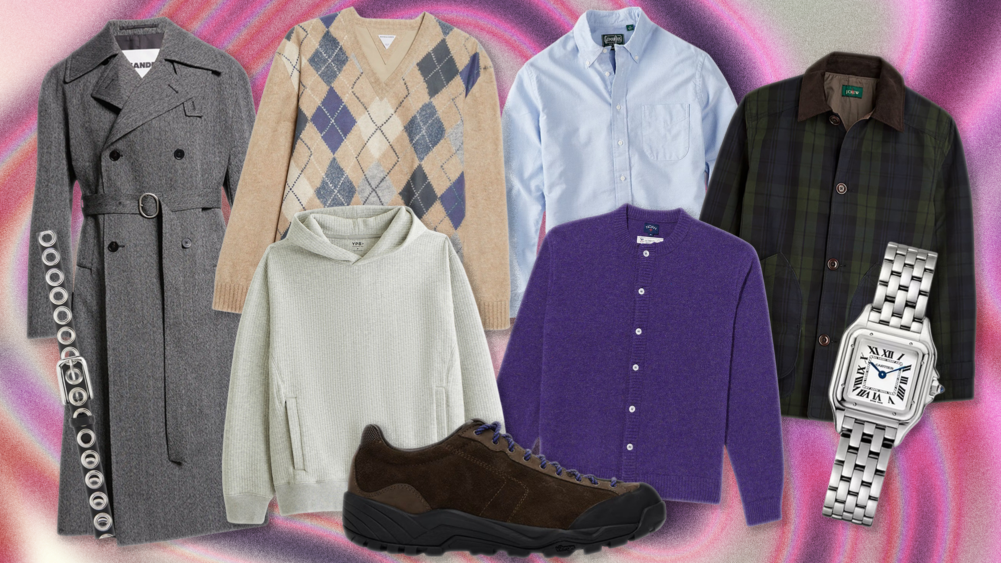 an assortment of accessories, shoes, shirts, and jackets over a wavy background