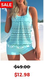 Lace Patchwork Cyan Cutout Tankini Set