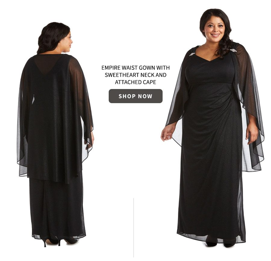 Empire Waist Gown with Sweetheart Neck and Attached Cape - Plus 