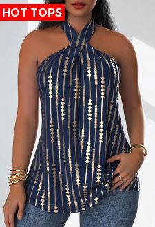 Geometric Print Criss Cross Navy Sleeveless Tank Top