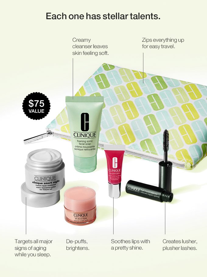Each one has stellar talents. $75 VALUE Creamy cleanser leaves skin feeling soft. Targets all major signs of aging while you sleep. De-puffs, brightens. Soothes lips with a pretty shine. Creates lusher, plusher lashes. Zips everything up for easy travel.