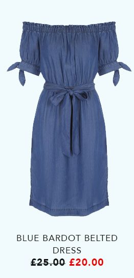Blue Bardot Belted Dress - Was £25 Now £20