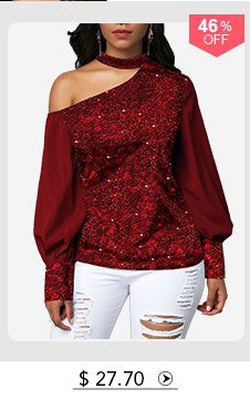 Cutout Shoulder Sequin Embellished Wine Red Blouse