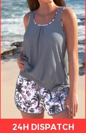 Bowknot Tropical Plants Print Grey Tankini Set