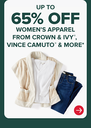 A brown cardigan, white top and blue jeans. Up to 65% off women's apparel from Crown and Ivy, Vince Camuto and more.