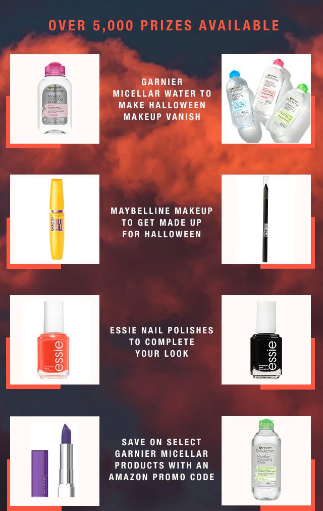 OVER 5,000 PRIZES AVAILABLE - GARNIER MICELLAR WATER TO MAKE HALLOWEEN MAKEUP VANISH - MAYBELLINE MAKEUP TO GET MADE UP FOR HALLOWEEN - ESSIE NAIL POLISHES TO COMPLETE YOUR LOOK - SAVE ON SELECT GARNIER MICELLAR PRODUCTS WITH AN AMAZON PROMO CODE