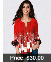 Flare Cuff Christmas Print Crinkle Chest Blouse