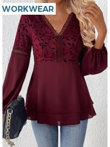 ROTITA Patchwork Leaf Print Wine Red V Neck Blouse