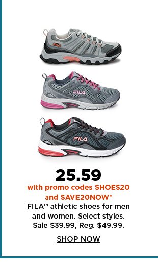 25.59 with promo code SAVE20NOW and SHOES20 FILA athletic shoes for women and men. sale $39.99. s