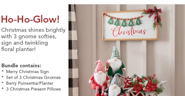 Christmas shines brightly with 3 gnome softies, sign and twinkling floral planter!