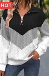 Black Jacquard Long Sleeve Turn Down Collar Sweatshirt