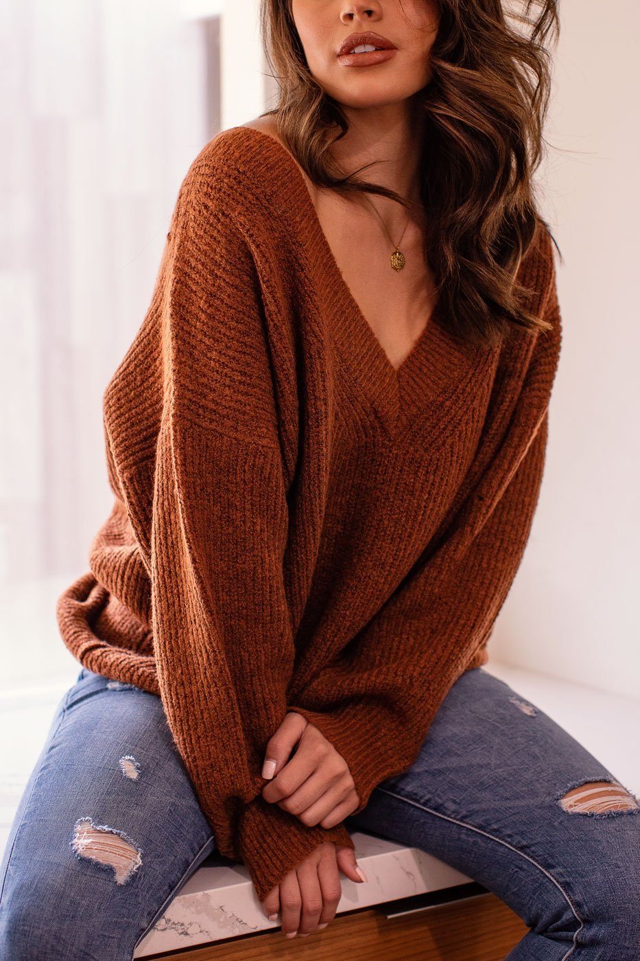 Kara Hazlenut Oversize Knit V-Neck Sweater