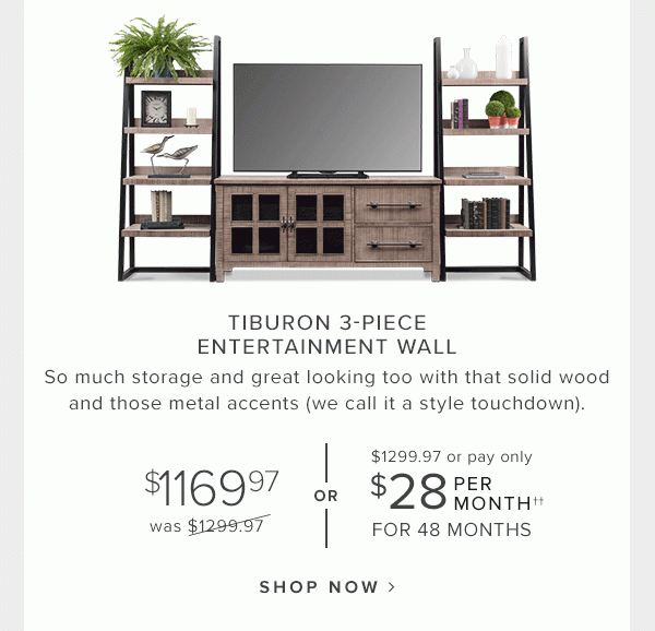 Tiburon 3-Piece Entertainment wall. So mch storage and great looking too wiht that solid wood and those metal accents (we call it a style touchdown). Shop Now.