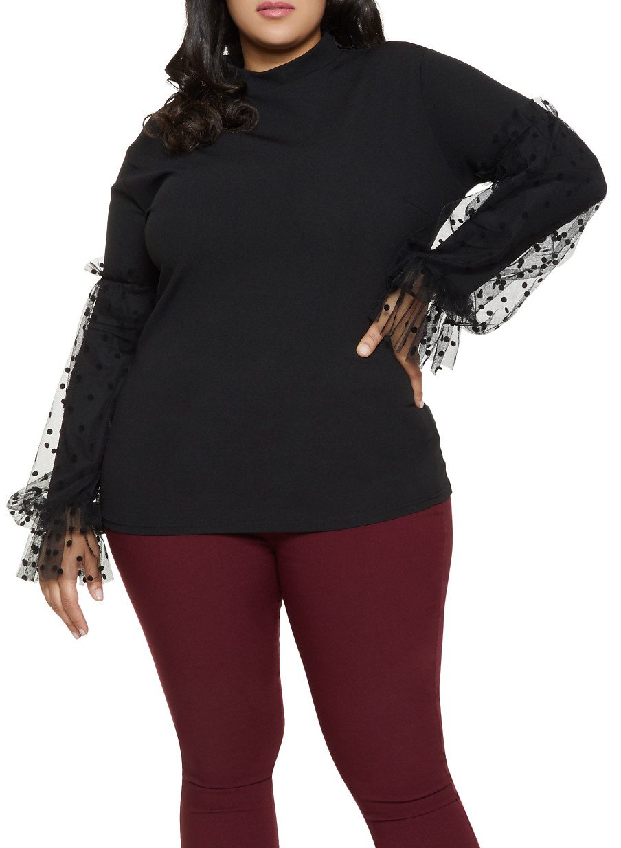 Plus Size Mesh Polka Dot Sleeve Top