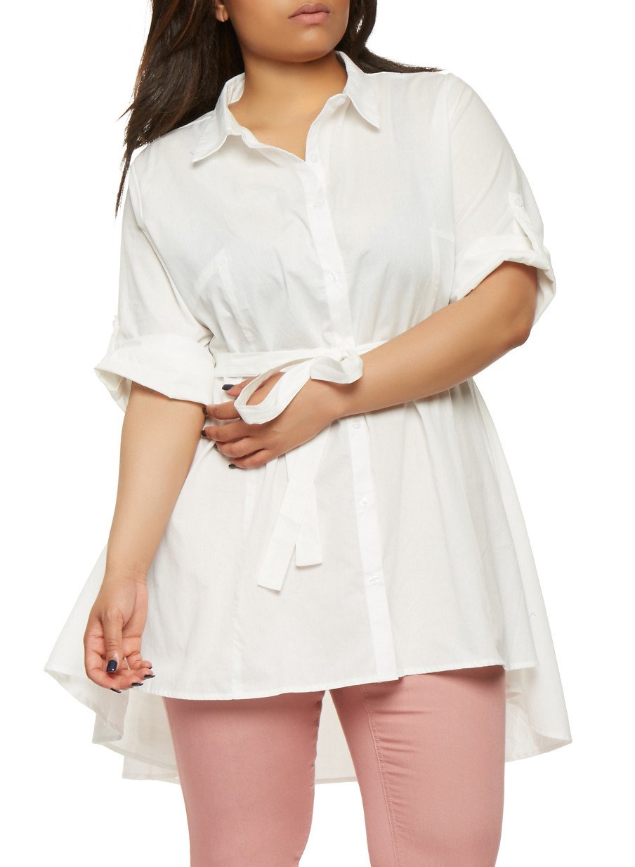 Plus Size Belted High Low Shirt
