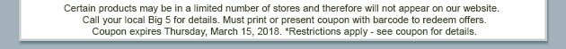 Must print or present coupon with barcode to redeem offers. Coupon expires Monday, January, 15, 2018. *Restrictions apply - see coupon for details.