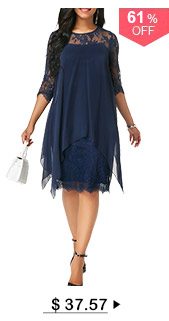 Three Quarter Sleeve Chiffon Overlay Navy Lace Dress