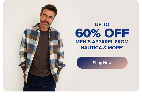 A man in a plaid shirt. Up to 60% off men's apparel from Nautica and more.