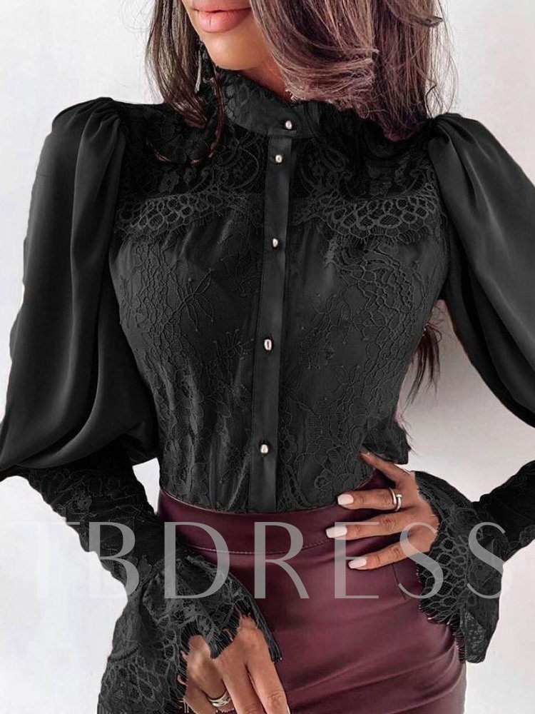 Flare Sleeve Stand Collar Patchwork Plain Long Sleeve Women's Blouse