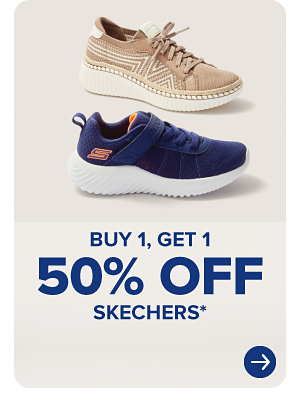 Two Skechers shoes. Buy one, get one 50% off Skechers.