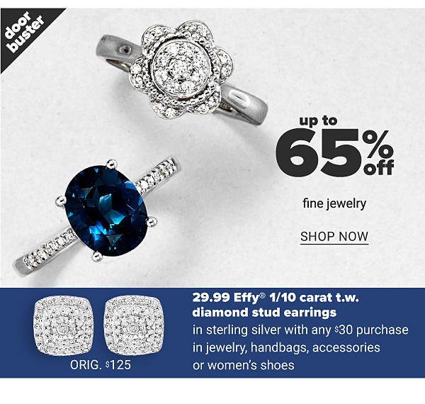 up to 65% off Fine Jewelry Clearance, Skinny banner- 29.99 Diamond studs w/ $30 purchase - Shop Now