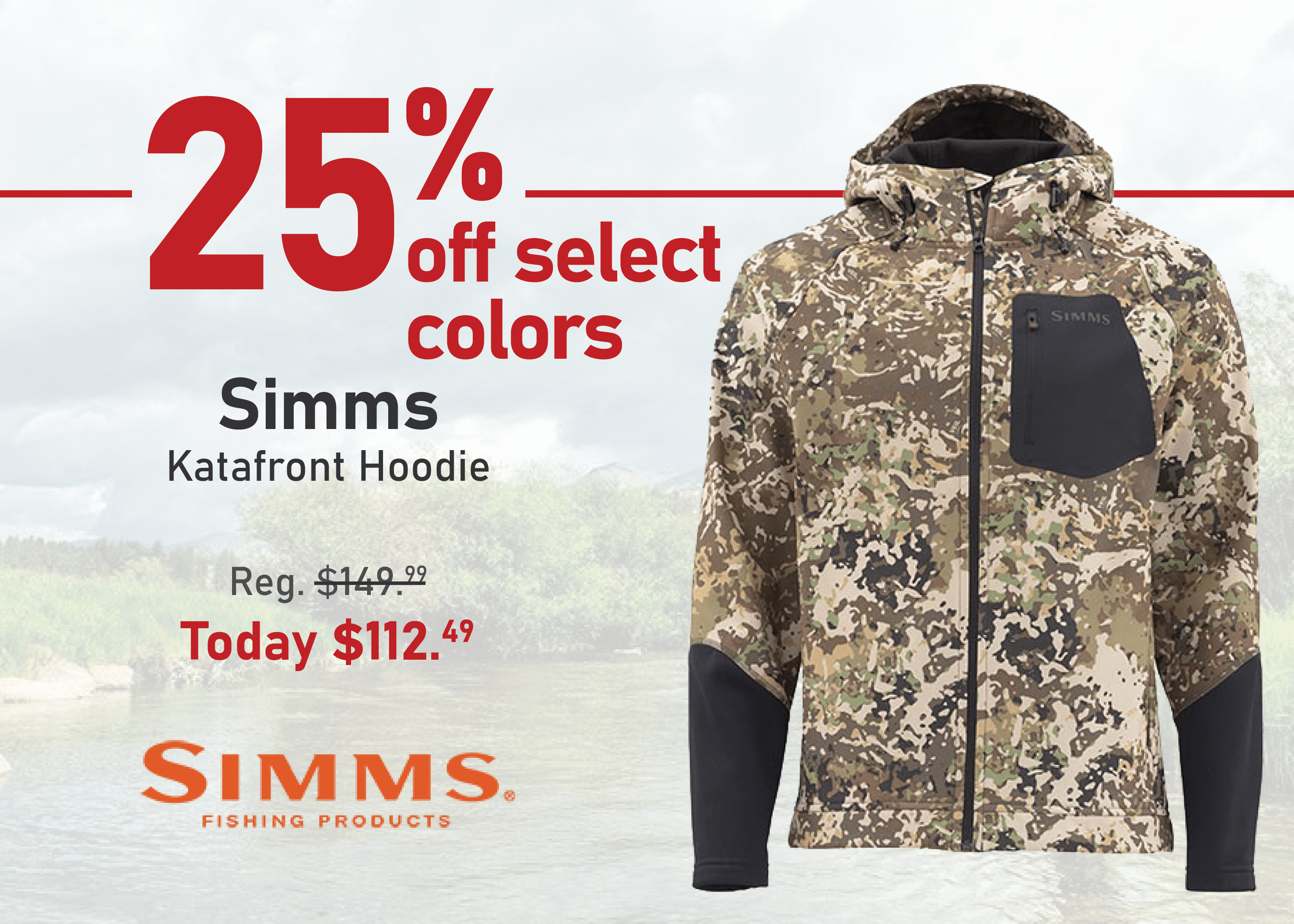 Take 25% off select colors of the Simms Katafront Hoodie