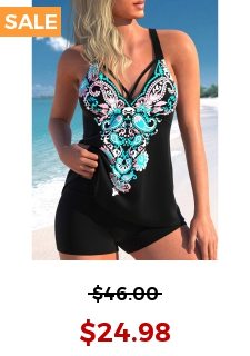 Criss Cross Paisley Print Black Tankini Top