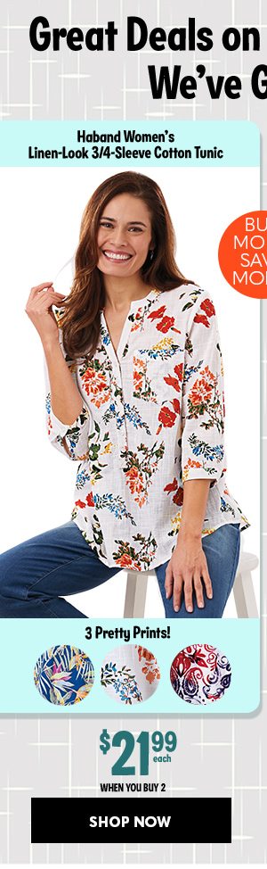 Haband Women's Linen-Look 3/4-Sleeve Cotton Tunic from $21.99 each when you buy 2 - SHOP NOW